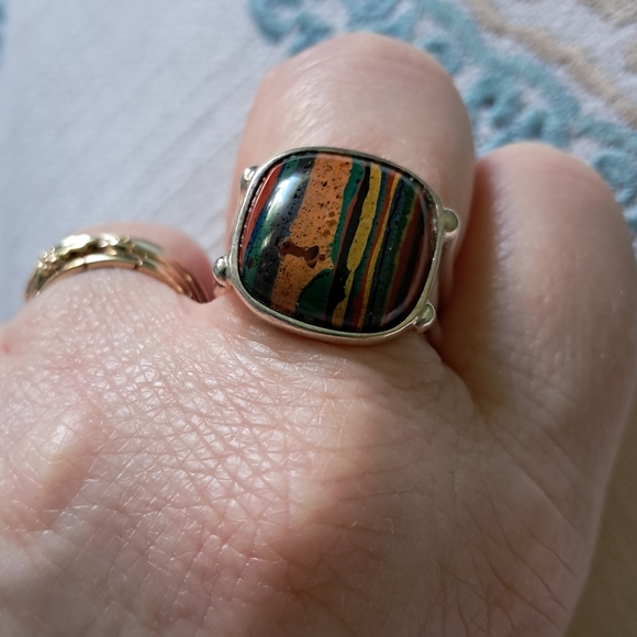 Sterling Silver JAY KING DTR Rainbow Calsilica Cabochon Square Ring Size 9 - Picture 4 of 12